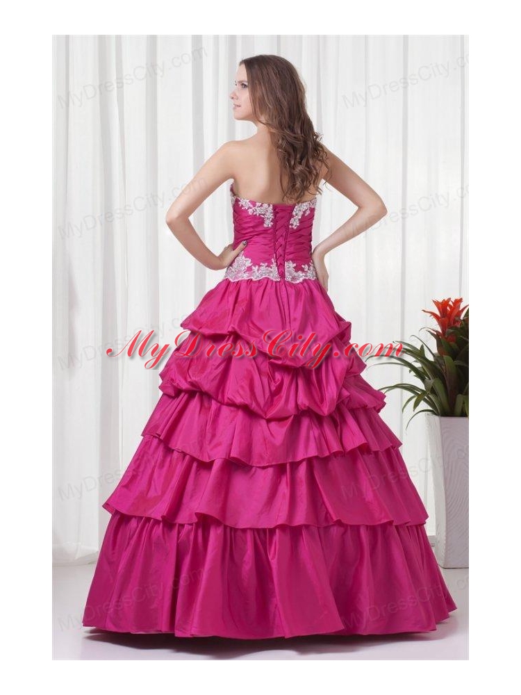 A-line Sweetheart Hot Pink Taffeta Appliques Long Quinceanera Dress