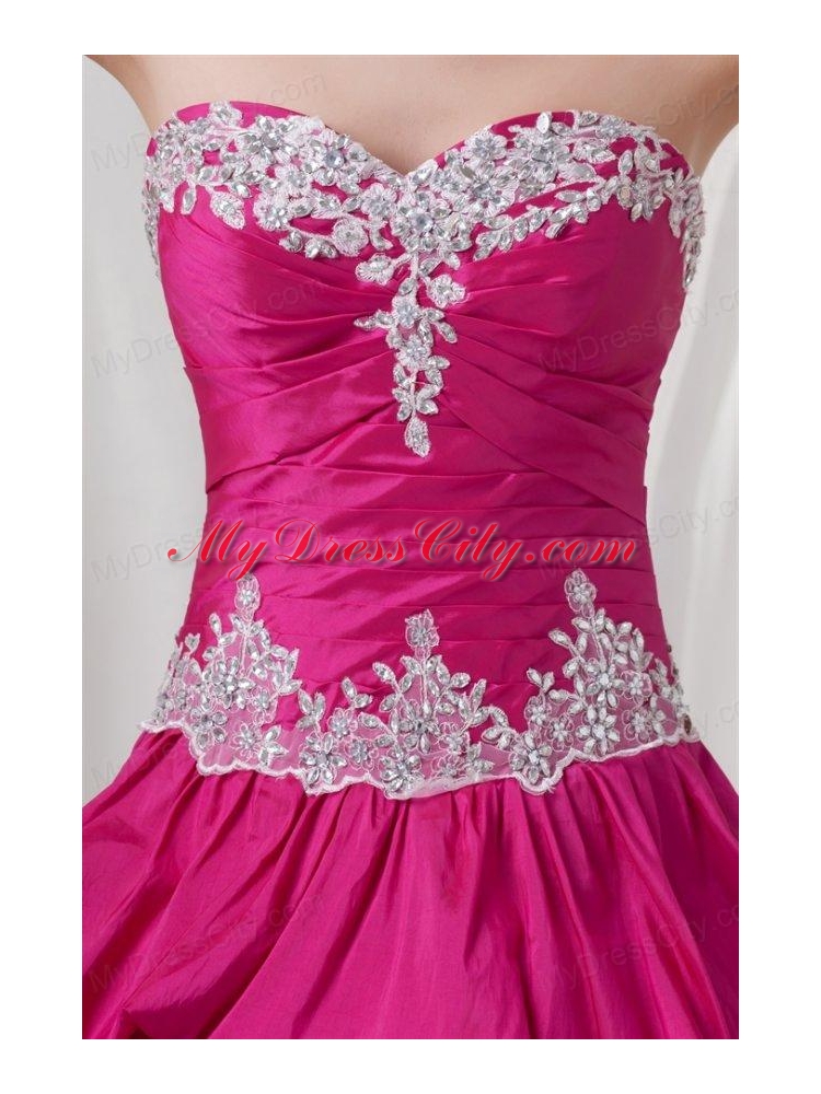 A-line Sweetheart Hot Pink Taffeta Appliques Long Quinceanera Dress