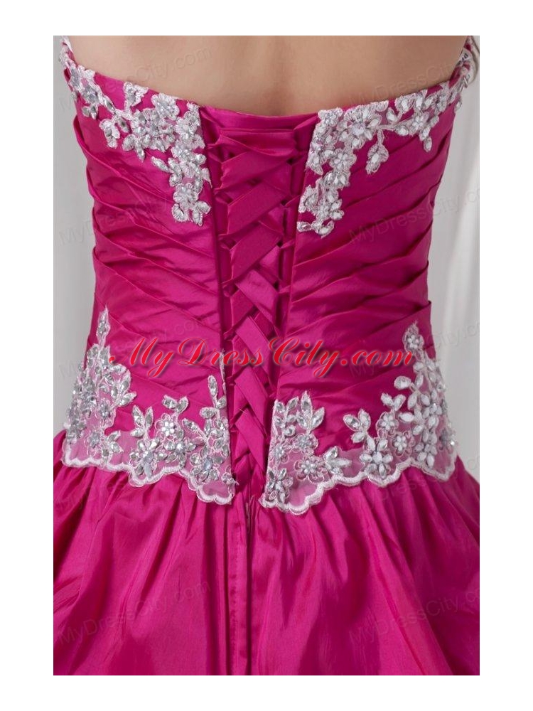 A-line Sweetheart Hot Pink Taffeta Appliques Long Quinceanera Dress