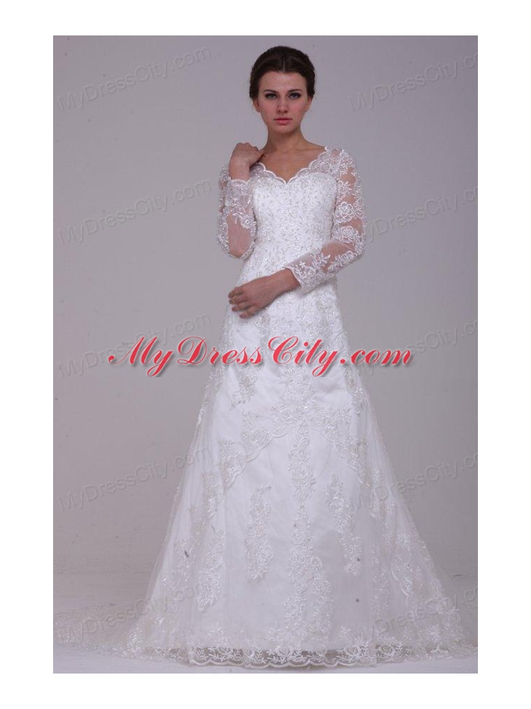 A-Line V-Neck Lace Up Lace Appliques Court Train Wedding Dress with 3/4 Sleeveles