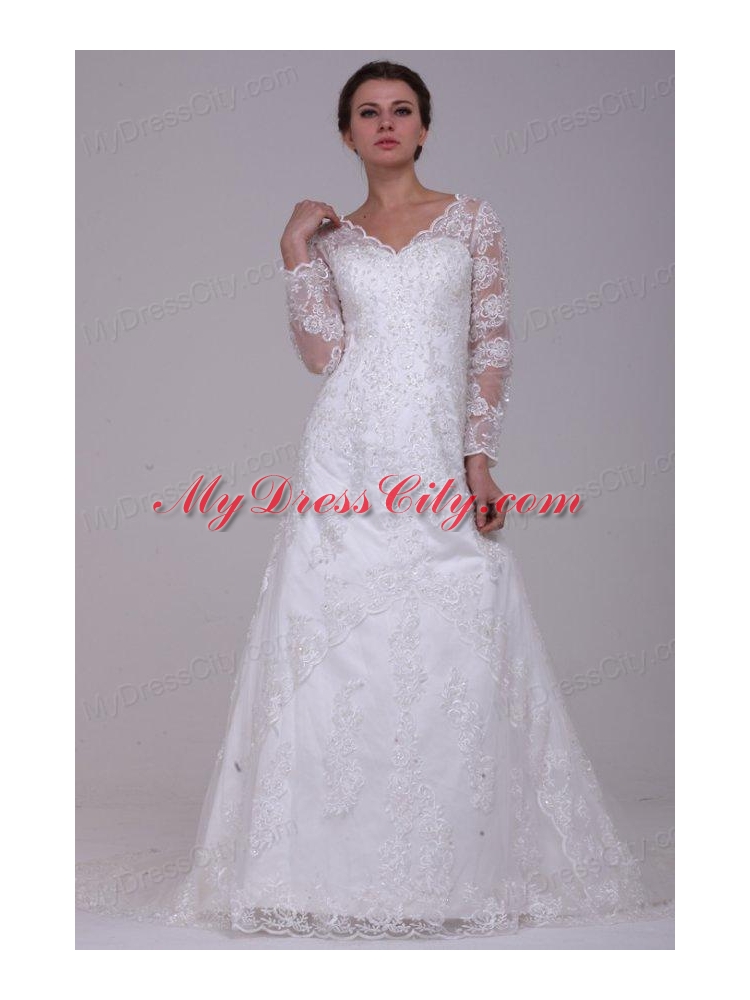 A-Line V-Neck Lace Up Lace Appliques Court Train Wedding Dress with 3/4 Sleeveles