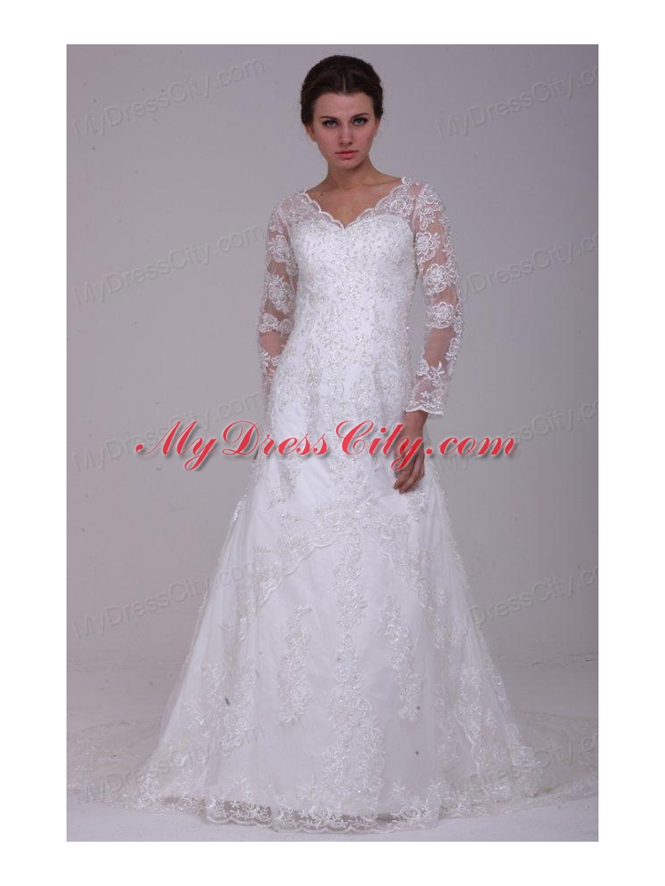 A-Line V-Neck Lace Up Lace Appliques Court Train Wedding Dress with 3/4 Sleeveles