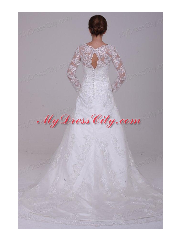 A-Line V-Neck Lace Up Lace Appliques Court Train Wedding Dress with 3/4 Sleeveles