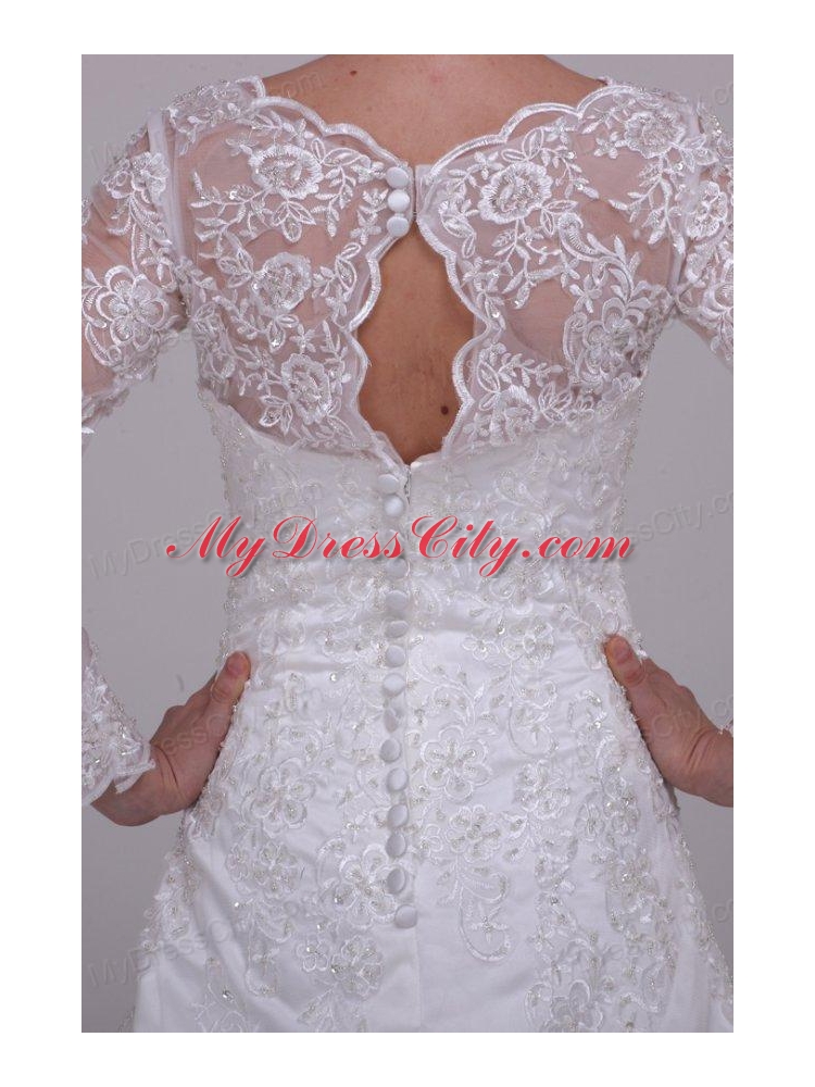 A-Line V-Neck Lace Up Lace Appliques Court Train Wedding Dress with 3/4 Sleeveles