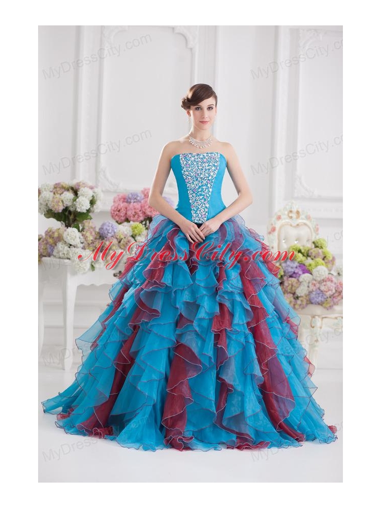 Ball Gown Strapless Organza Beading Ruffles Multi-color Quinceanera Dress