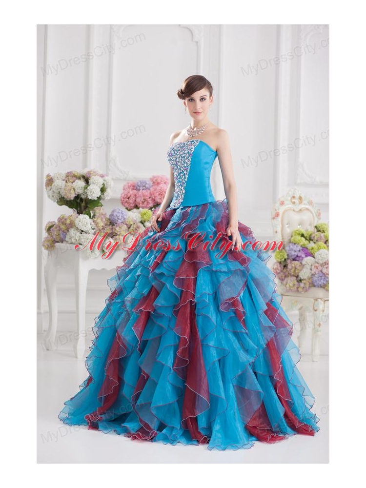 Ball Gown Strapless Organza Beading Ruffles Multi-color Quinceanera Dress