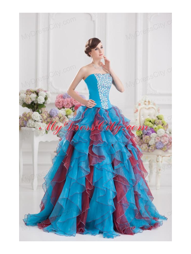 Ball Gown Strapless Organza Beading Ruffles Multi-color Quinceanera Dress