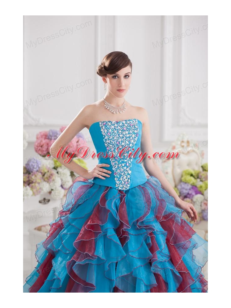 Ball Gown Strapless Organza Beading Ruffles Multi-color Quinceanera Dress