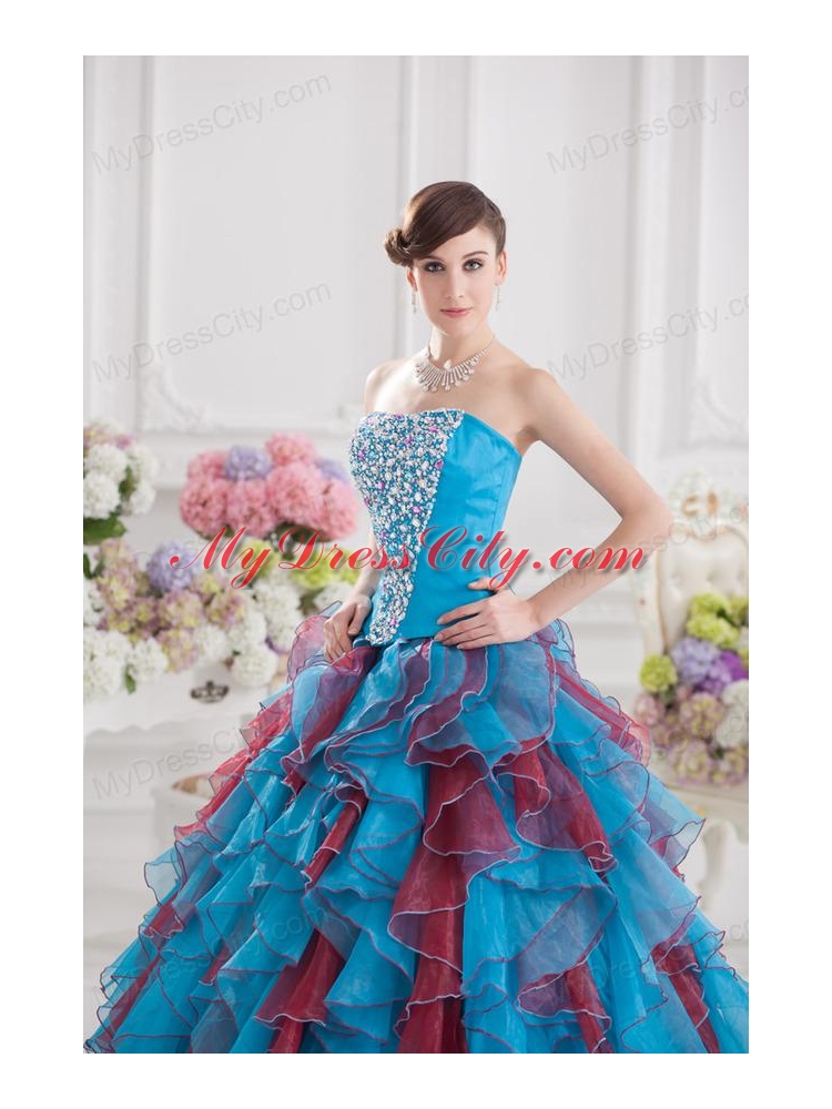 Ball Gown Strapless Organza Beading Ruffles Multi-color Quinceanera Dress