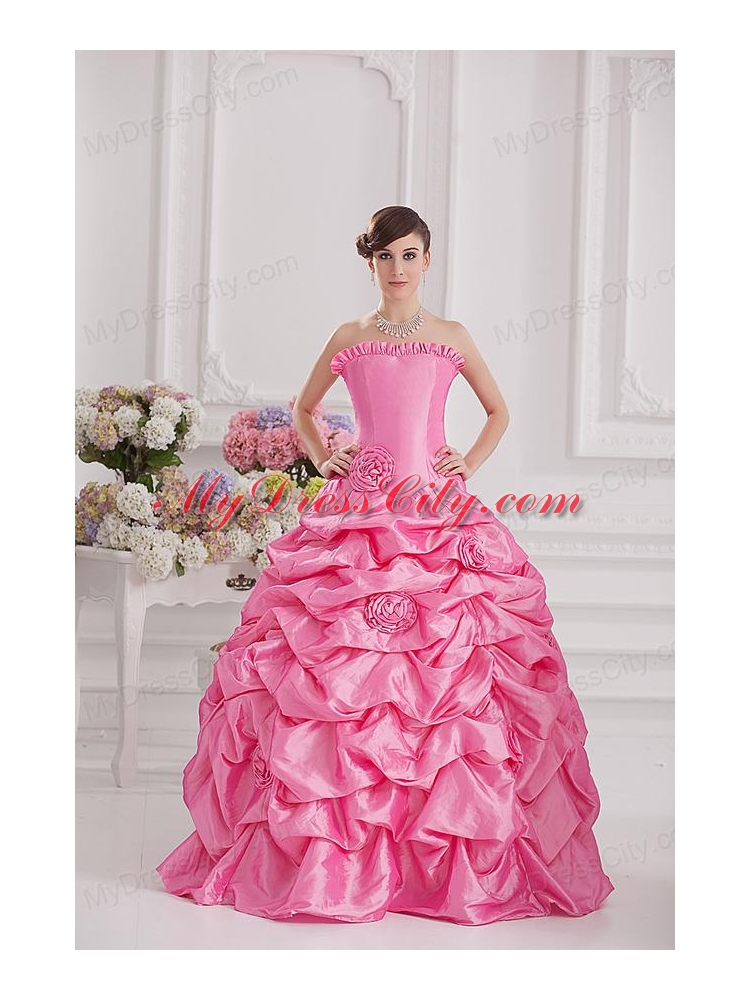 Ball Gown Strapless Pick-ups Rose Pink Quinceanera Dress with Hand Made Flowers