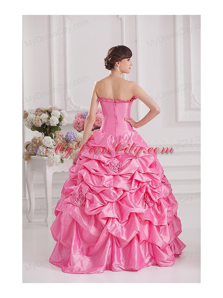 Ball Gown Strapless Pick-ups Rose Pink Quinceanera Dress with Hand Made Flowers