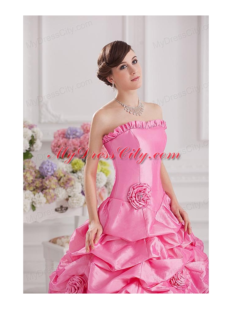 Ball Gown Strapless Pick-ups Rose Pink Quinceanera Dress with Hand Made Flowers