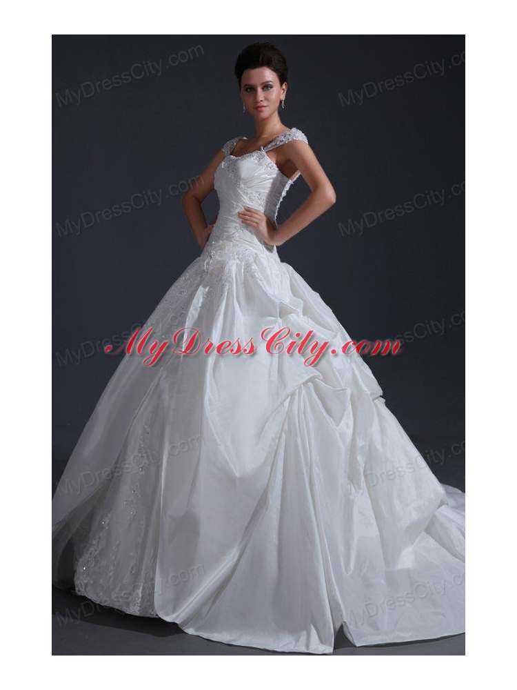 Ball Gown Wide Straps Wedding Dress with Appliques and Flowers