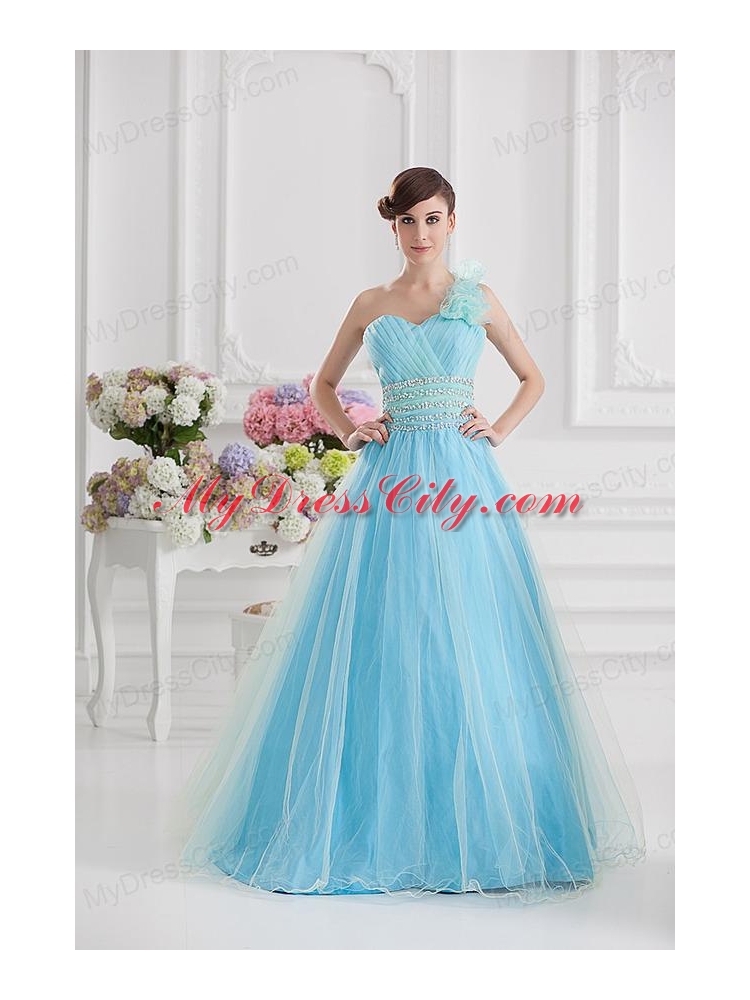 Beautiful A-line One Shoulder Ruching and Beading Aqua Blue Quinceanera Dress