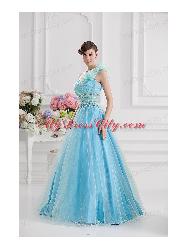 Beautiful A-line One Shoulder Ruching and Beading Aqua Blue Quinceanera Dress