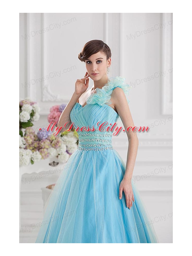 Beautiful A-line One Shoulder Ruching and Beading Aqua Blue Quinceanera Dress