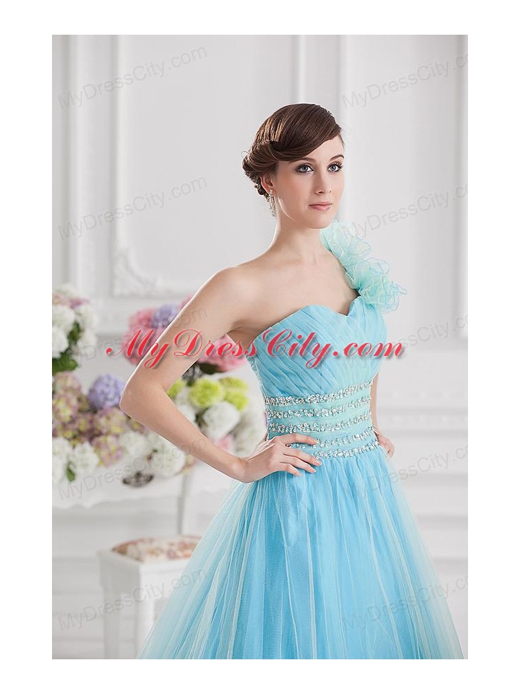 Beautiful A-line One Shoulder Ruching and Beading Aqua Blue Quinceanera Dress