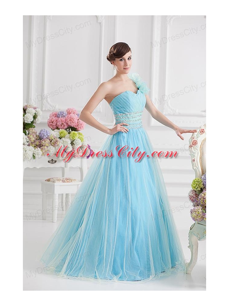 Beautiful A-line One Shoulder Ruching and Beading Aqua Blue Quinceanera Dress