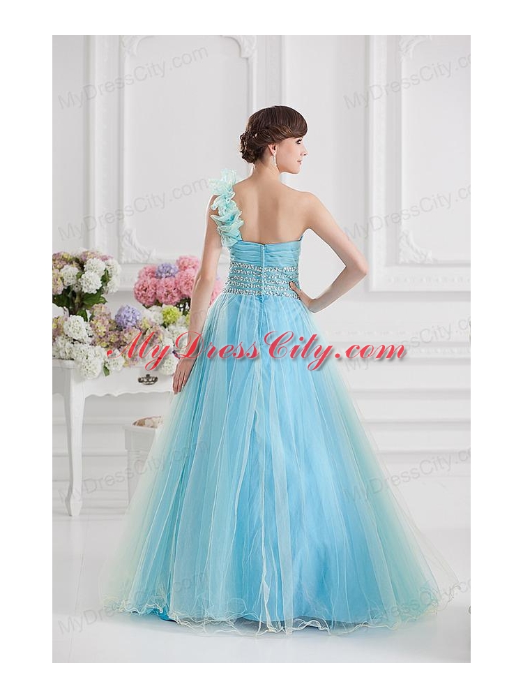 Beautiful A-line One Shoulder Ruching and Beading Aqua Blue Quinceanera Dress