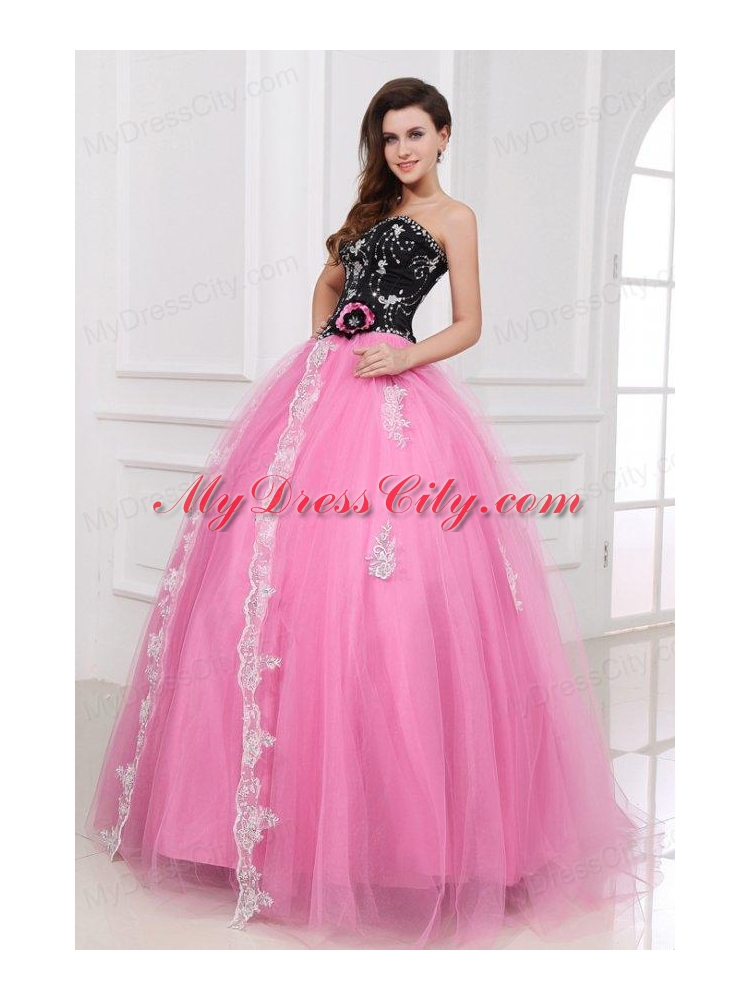 Black and Rose Pink Quinceanera  Dress with Beading and Appliques