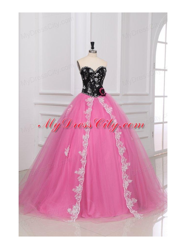 Black and Rose Pink Quinceanera  Dress with Beading and Appliques