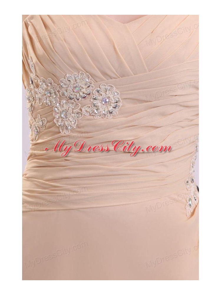 Champagne One Shoulder Appliques and High Silt Wedding Dress