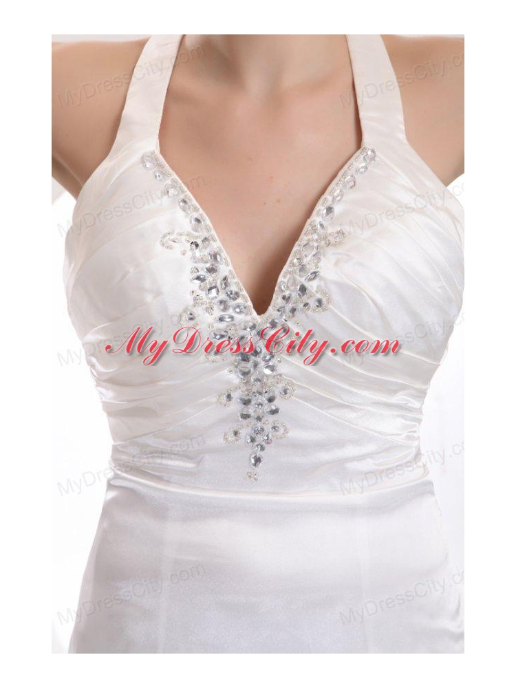 Column Halter Beading Taffeta Wedding Dress with Court Train