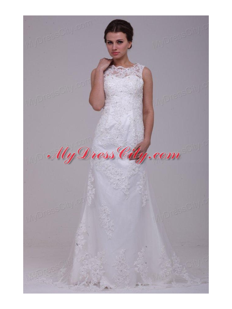 Column High Neck Appliques Lace Wedding Dress with Brush Train