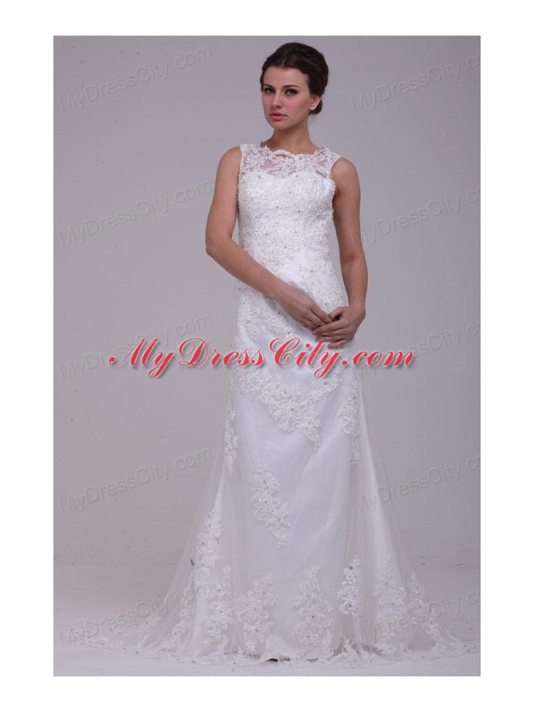 Column High Neck Appliques Lace Wedding Dress with Brush Train