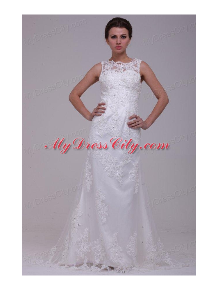 Column High Neck Appliques Lace Wedding Dress with Brush Train