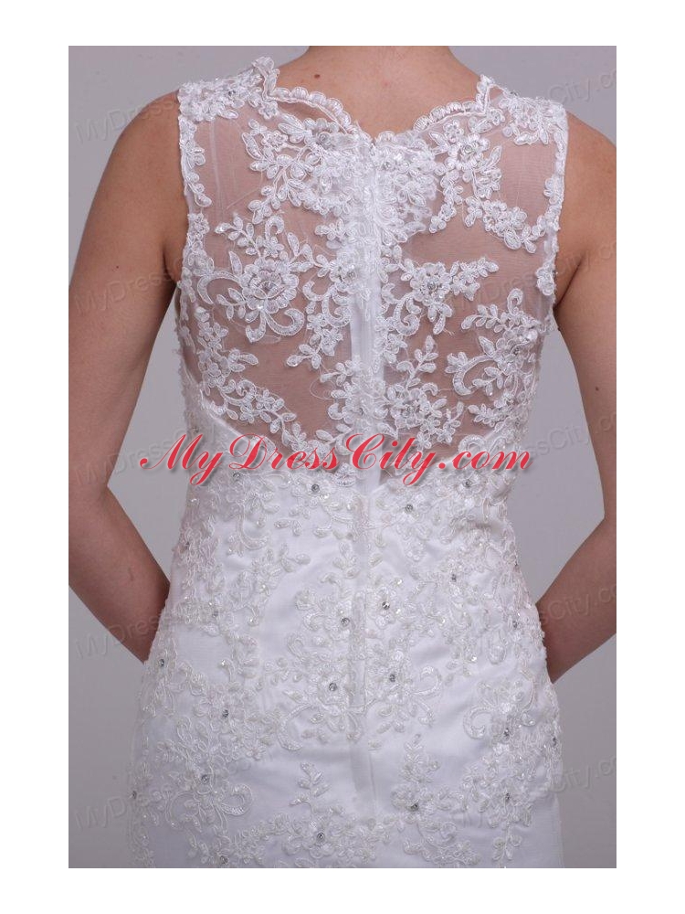 Column High Neck Appliques Lace Wedding Dress with Brush Train