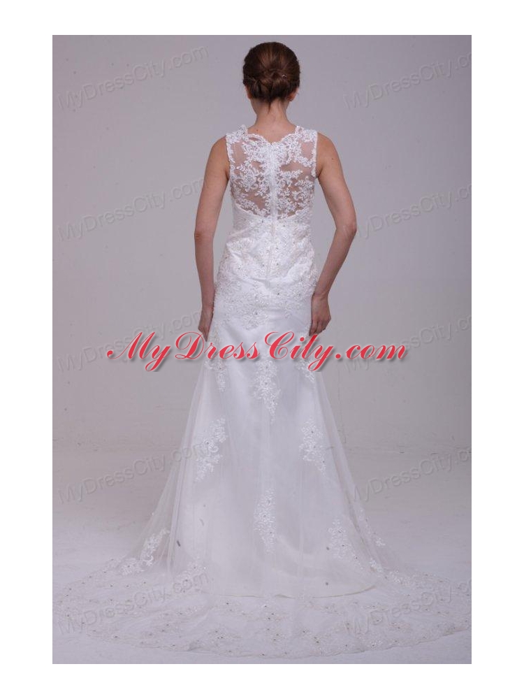 Column High Neck Appliques Lace Wedding Dress with Brush Train