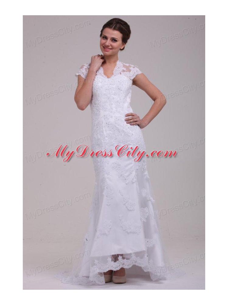 Column High Neck Appliques Open Back Lace Wedding Dress with Brush Train