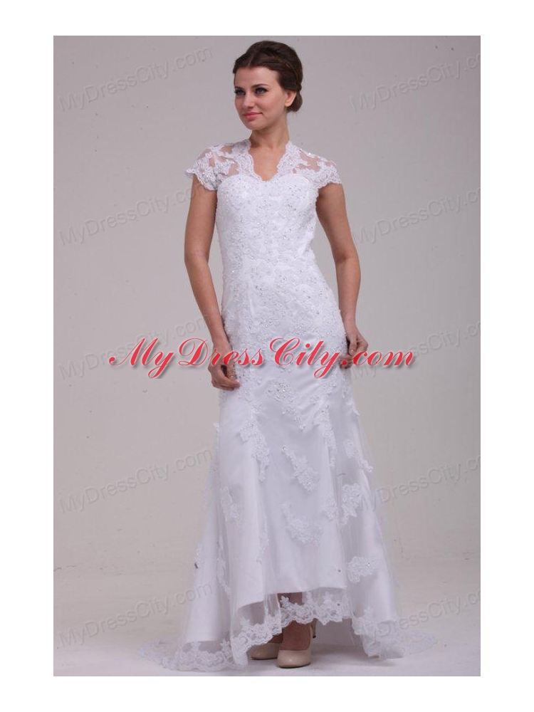 Column High Neck Appliques Open Back Lace Wedding Dress with Brush Train