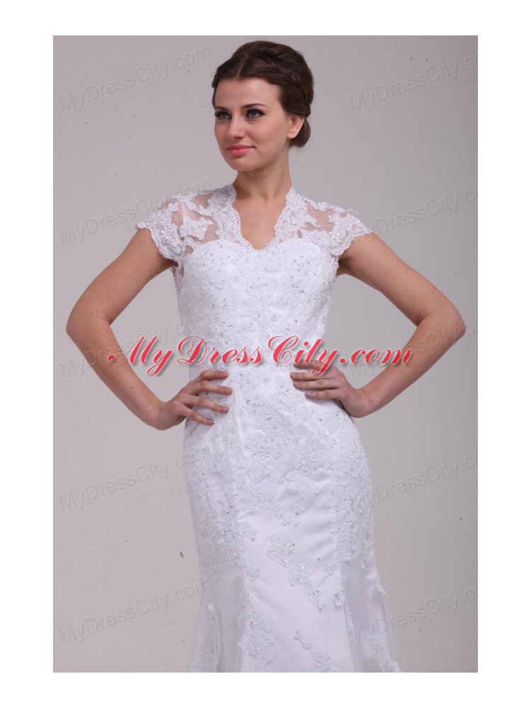 Column High Neck Appliques Open Back Lace Wedding Dress with Brush Train