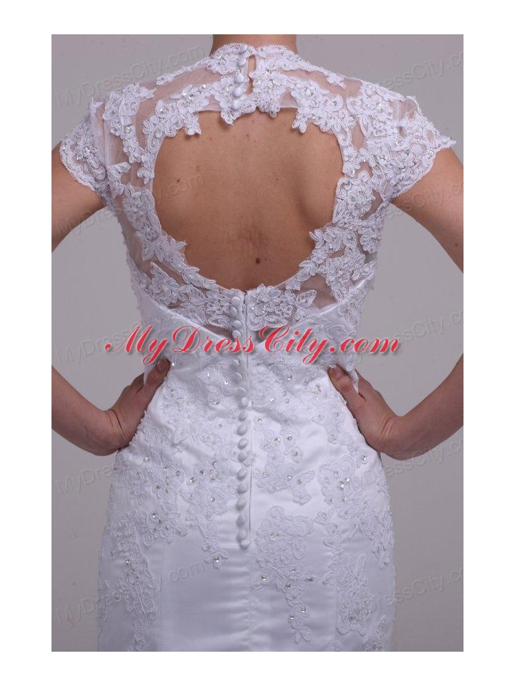 Column High Neck Appliques Open Back Lace Wedding Dress with Brush Train