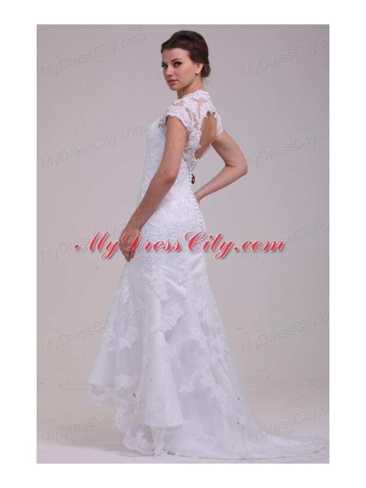 Column High Neck Appliques Open Back Lace Wedding Dress with Brush Train