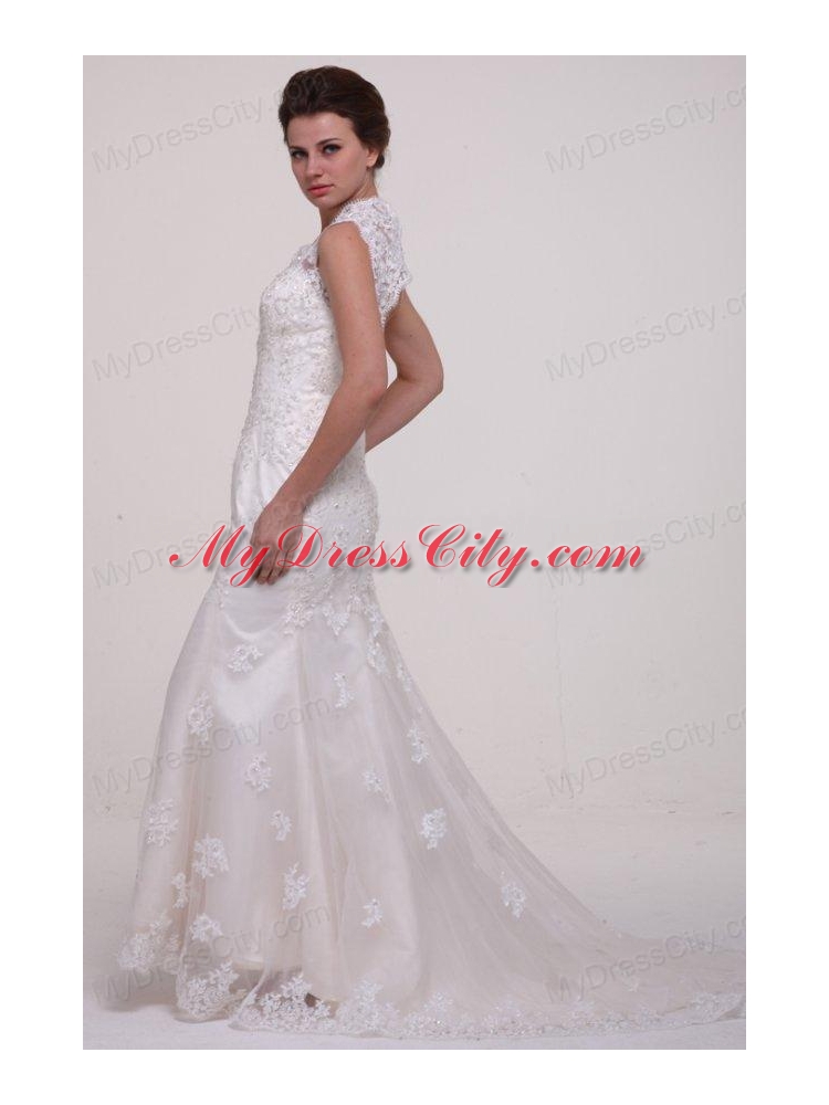 Column High Neck Brush Train Appliques Lace Wedding Dress