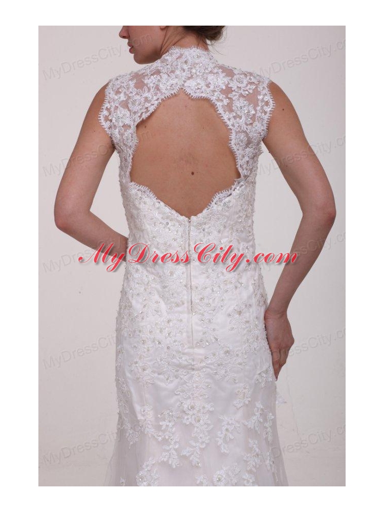 Column High Neck Brush Train Appliques Lace Wedding Dress