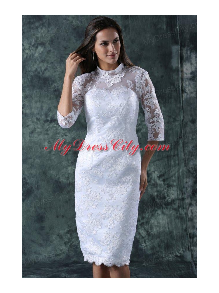 Column High Neck Lace Beach Wedding Dress with Knee-length