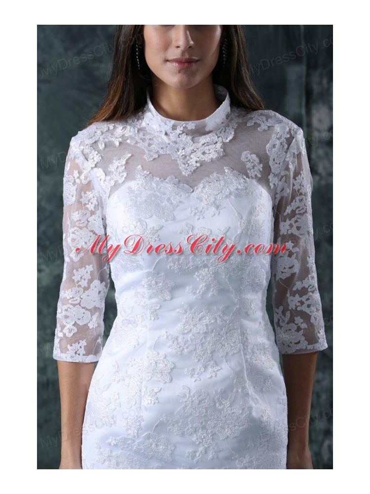 Column High Neck Lace Beach Wedding Dress with Knee-length