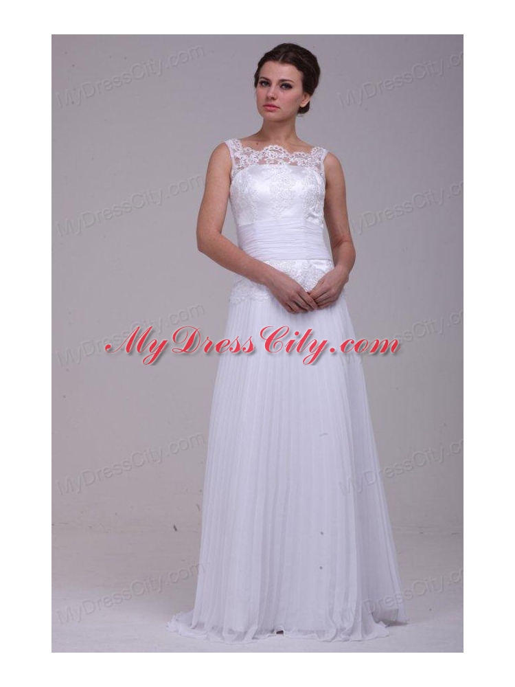 Column Scoop Brush Train Chiffon Wedding Dress with Lace