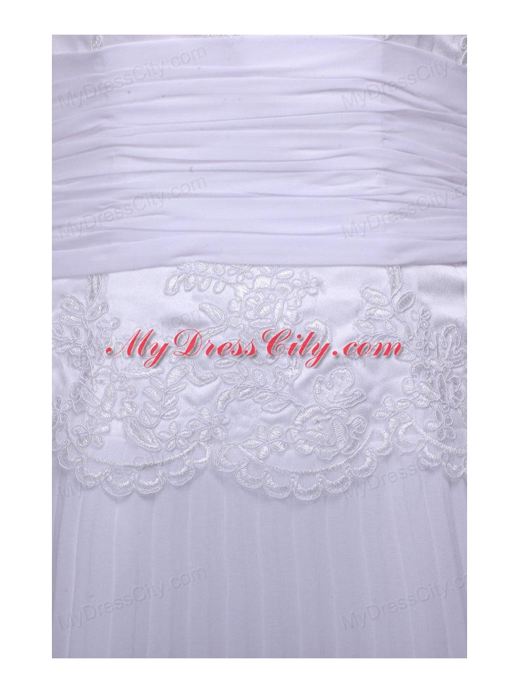 Column Scoop Brush Train Chiffon Wedding Dress with Lace