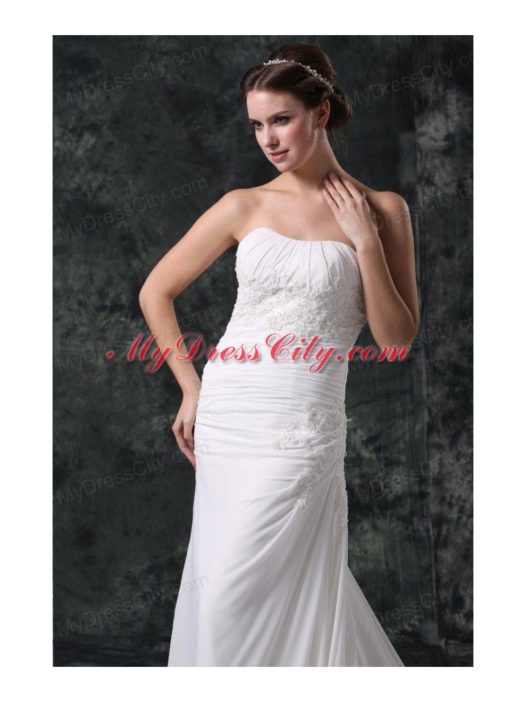 Column Strapless Beading Chiffon Court Train Lace Up Wedding Dress