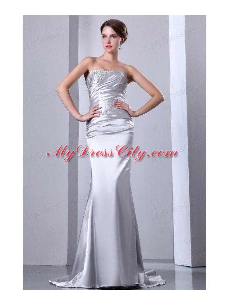 Column Strapless Grey Beading Ruching Brush Train Wedding Dress