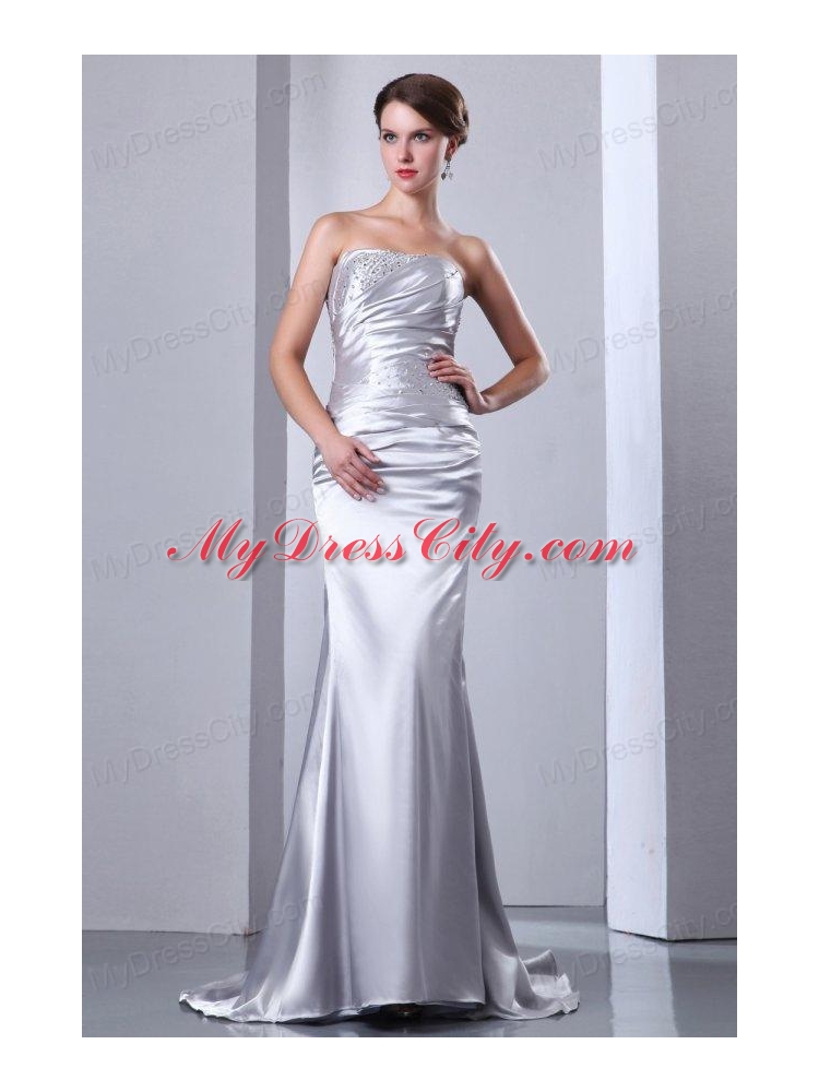 Column Strapless Grey Beading Ruching Brush Train Wedding Dress