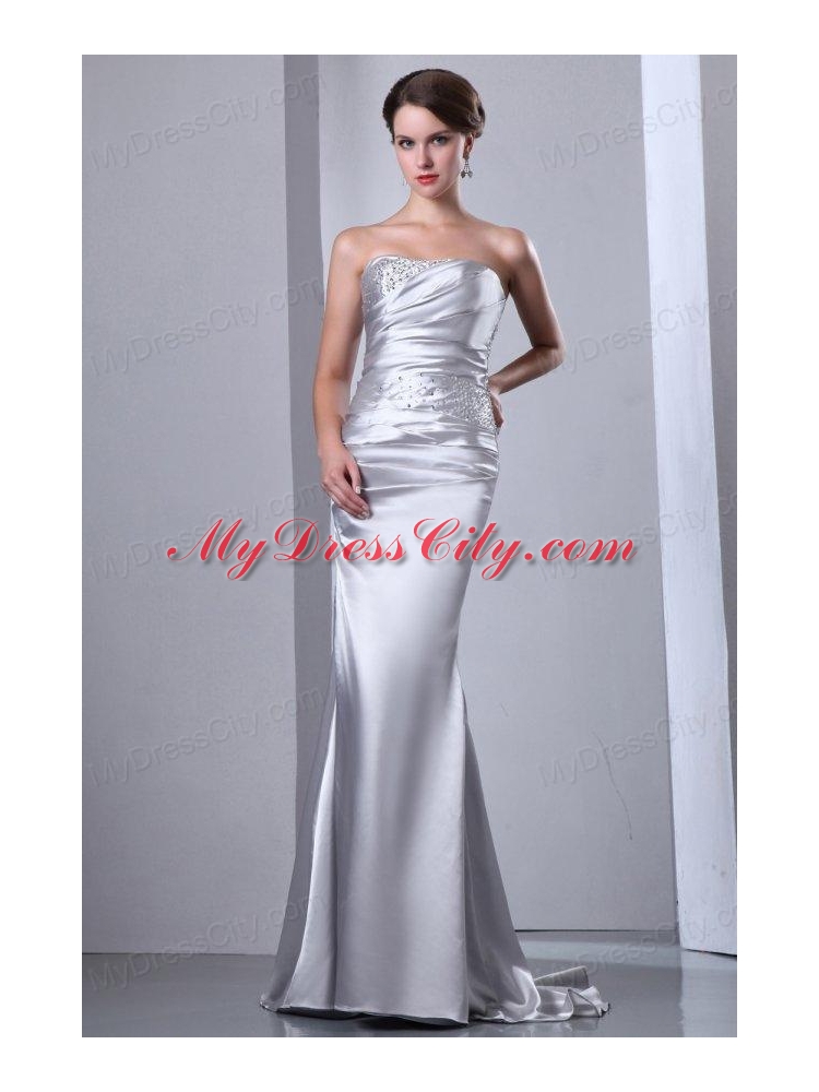 Column Strapless Grey Beading Ruching Brush Train Wedding Dress