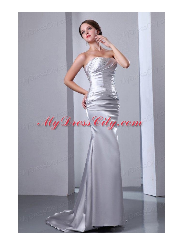 Column Strapless Grey Beading Ruching Brush Train Wedding Dress