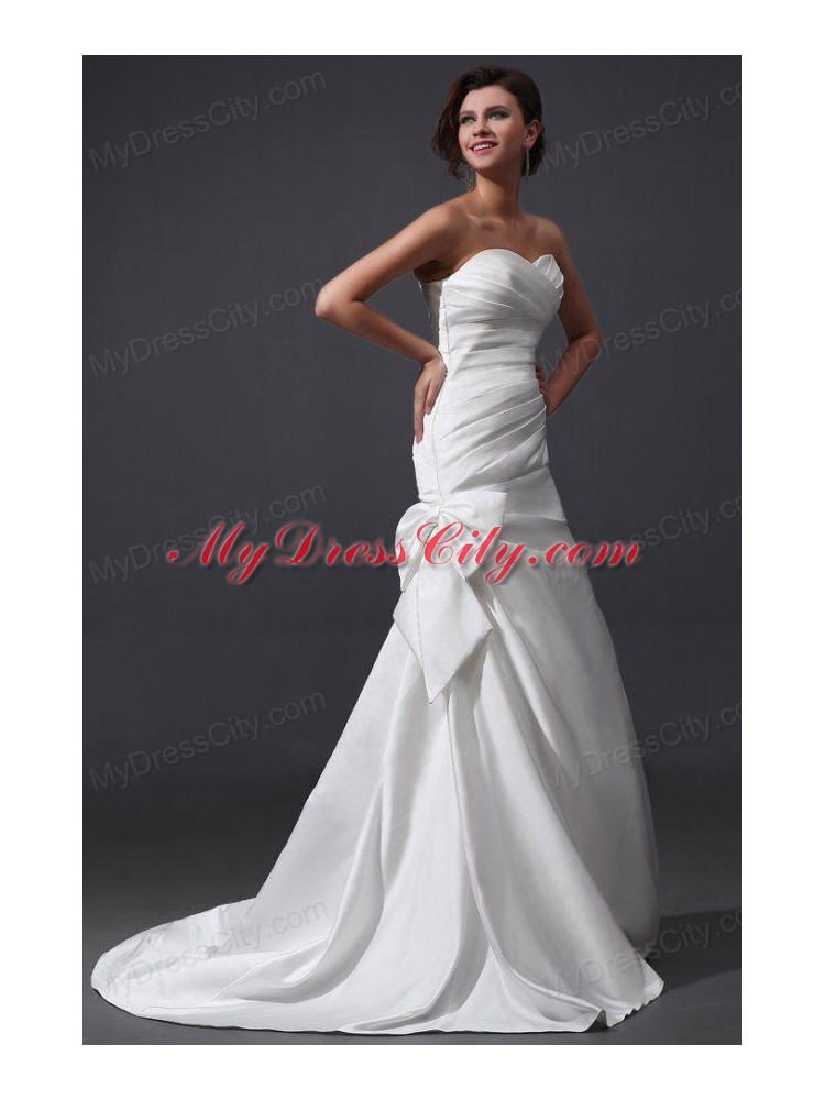 Column Sweetheart Brush Train Bowknot and Ruching Wedding Dress