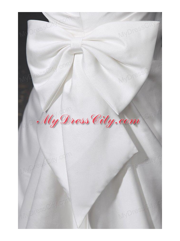 Column Sweetheart Brush Train Bowknot and Ruching Wedding Dress